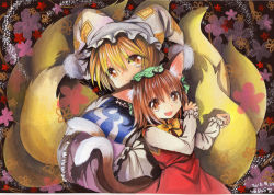 Rule 34 | 2girls, animal ears, animal hat, blonde hair, bow, brown eyes, brown hair, cat ears, cat tail, chen, dress, earrings, fox tail, hands in opposite sleeves, hat, hat with ears, jewelry, long sleeves, looking at viewer, mob cap, mosho, multiple girls, multiple tails, nekomata, open mouth, painting (medium), paw pose, red dress, shirt, single earring, smile, tabard, tail, touhou, traditional media, two tails, watercolor (medium), wide sleeves, yakumo ran
