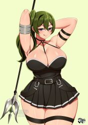 Rule 34 | 1girl, :d, alternate breast size, armpits, arms up, bare shoulders, black skirt, blush, breasts, cleavage, closed mouth, collarbone, cowboy shot, crop top, curvy, green background, green hair, half-closed eyes, highres, jadenkaiba, large breasts, long hair, looking at viewer, miniskirt, open mouth, pleated skirt, polearm, ponytail, purple eyes, simple background, skirt, smile, solo, sousou no frieren, spear, standing, thighlet, tongue, tongue out, ubel (sousou no frieren), weapon