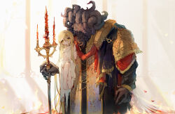 Rule 34 | 2boys, absurdres, armor, black claws, black horns, black robe, black skin, blonde hair, braid, carrying, carrying person, colored skin, demon, elden ring, extra horns, fringe trim, gold bracelet, gold necklace, hand on lap, height difference, highres, holding sash, holding trident, horns, jewelry, long hair, looking afar, looking to the side, male focus, miquella (elden ring), missing eye, mohg lord of blood, multiple boys, multiple braids, multiple horns, necklace, ornate armor, ornate clothes, polearm, red eyes, red sash, robe, sash, sitting on arm, size difference, trident, uchuunin, weapon, white robe, yellow eyes