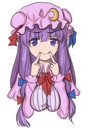 Rule 34 | 1girl, blue bow, blue ribbon, blunt bangs, blush, bow, bowtie, breasts, breasts squeezed together, collar, commentary request, crescent, crescent pin, cropped shoulders, forced smile, hair bow, hat, hat ribbon, large breasts, long hair, long sleeves, looking at viewer, mob cap, namiki (remiter00), patchouli knowledge, purple eyes, purple hair, red bow, red bowtie, red ribbon, ribbon, simple background, solo, touhou, upper body, very long hair, white background