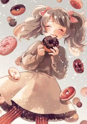 Rule 34 | 1girl, blush, brown hair, closed eyes, doughnut, eating, eyebrows hidden by hair, food, hair ribbon, highres, holding, holding food, long hair, original, pantyhose, ribbon, ryousuke (tukr5384), skirt, smile, solo, sweater, sweets, thighhighs, twintails