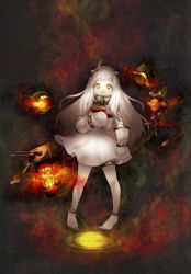 Rule 34 | 10s, 1girl, absurdres, abyssal ship, barefoot, cannon, dress, enemy aircraft (kancolle), highres, horns, kantai collection, long hair, mittens, northern ocean princess, pale skin, red eyes, single horn, sleeveless, sleeveless dress, solo, turret, white dress, white hair, ykk (ykkch)