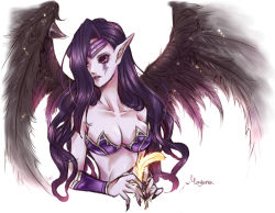 Rule 34 | 1girl, bare shoulders, black wings, breasts, circlet, cleavage, colored skin, feathers, kakip, league of legends, morgana (league of legends), pointy ears, purple eyes, purple hair, purple skin, signature, simple background, solo, wings
