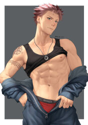 Rule 34 | 1boy, abs, arm tattoo, bara, black jumpsuit, black tank top, blue eyes, brown hair, closed mouth, clothes lift, dan (mondi hl), earrings, highres, jewelry, jumpsuit, large pectorals, looking at viewer, male focus, male underwear, male underwear peek, mondi hl, muscular, muscular male, navel, necklace, nipples, open clothes, open jumpsuit, original, pectorals, red male underwear, short hair, smile, solo, tank top, tattoo, twitter username, underwear