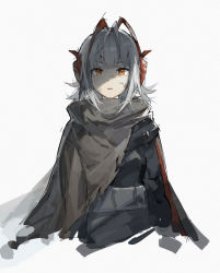 Rule 34 | 1girl, ahoge, arknights, black cloak, black shirt, breasts, chinese commentary, cloak, dadijiji, dirty, dirty face, highres, horns, looking at viewer, medium breasts, medium hair, multicolored hair, orange eyes, parted lips, red hair, shirt, silver hair, simple background, solo, streaked hair, torn cloak, torn clothes, traditional media, two-tone hair, upper body, w (arknights), white background