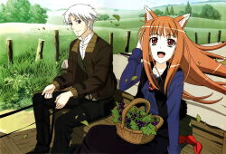 Rule 34 | absurdres, animal ears, basket, black eyes, brown hair, cart, craft lawrence, detexted, food, highres, holo, jacket, leaf, long hair, non-web source, open mouth, red eyes, sasaki masashi, short hair, silver hair, spice and wolf, third-party edit, very long hair, vest