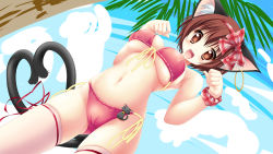 Rule 34 | 1girl, aged up, alternate breast size, animal ears, bare shoulders, bikini, blush, braid, breasts, brown eyes, brown hair, cameltoe, cat, cat ears, cat tail, chen, covered erect nipples, dutch angle, earrings, female focus, front-tie top, heart, heart tail, hoop earrings, jewelry, kamiya tomoe, large breasts, looking at viewer, multiple tails, navel, nekomata, no headwear, open mouth, palm tree, paw pose, pink bikini, shiny skin, short hair, side-tie bikini bottom, single braid, skindentation, smile, solo, swimsuit, tail, thighhighs, touhou, tree, two tails, underboob, wristband