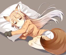 Rule 34 | 10s, 1girl, animal ears, black background, black gloves, blazer, blonde hair, blush, breast pocket, breasts, brown eyes, brown hair, ezo red fox (kemono friends), fox ears, fox tail, from above, from side, full body, fur trim, gloves, hair between eyes, highres, jacket, kemono friends, long hair, long sleeves, looking at viewer, lying, medium breasts, multicolored hair, on side, pantyhose, parted lips, pillow, pleated skirt, pocket, sada (sadahalu), shadow, skirt, solo, streaked hair, tail, very long hair, white hair, white skirt, yellow pantyhose