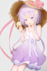 Rule 34 | 1girl, alternate costume, blush, crescent, crescent hair ornament, dress, flower, food, gradient dress, hair ornament, hat, hat flower, highres, ice cream, kantai collection, logiclr, looking at viewer, short hair with long locks, skirt, sleeveless, sleeveless dress, smile, solo, straw hat, yayoi (kancolle)