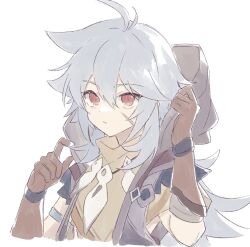 Rule 34 | 1boy, brown gloves, cropped torso, facial scar, genshin impact, gloves, grey hair, hair between eyes, hood, jewelry, long hair, male focus, necklace, razor (genshin impact), red eyes, scar, scar on cheek, scar on face, shirase (shirose), simple background, solo, upper body, very long hair, white background