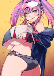 Rule 34 | 1girl, ass, azur lane, bikini, bikini under clothes, blue jacket, breasts, bremerton (azur lane), closed mouth, cowboy shot, crossed bangs, gradient background, hair between eyes, hair intakes, highres, hood, hooded jacket, huge breasts, jacket, legs together, long hair, long sleeves, looking at viewer, micro shorts, muramasa mikado, open clothes, open jacket, pink eyes, pink hair, ringed eyes, shorts, smile, solo, standing, swimsuit, thighs, tongue, tongue out, twintails, underboob, unzipped