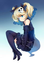 Rule 34 | 1girl, alp, black gloves, black thighhighs, blonde hair, blue eyes, blush, bow, dress, earrings, elbow gloves, from side, full body, gloves, gradient background, hair bow, hair ornament, jewelry, short twintails, skull hair ornament, smile, solo, tasha romanovsky, thighhighs, tokyo 7th sisters, twintails