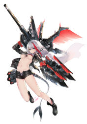 Rule 34 | 1girl, absurdres, admiral graf spee (azur lane), azur lane, blue eyes, blush, boots, breasts, cross, fins, fish tail, highres, holding, holding weapon, iron cross, large breasts, looking at viewer, mechanical hands, mechanical tail, medium hair, multicolored hair, navel, osisio, red hair, shark tail, short hair, short shorts, shorts, streaked hair, tail, underboob, weapon, white background, white hair