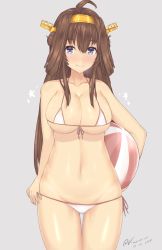 Rule 34 | 10s, 1girl, 2016, ahoge, bad hands, ball, bare shoulders, beachball, bikini, bikini pull, blush, breasts, brown hair, clothes pull, covered erect nipples, cowboy shot, dated, double bun, groin, hair over shoulder, hairband, headgear, highres, holding, holding ball, kantai collection, kongou (kancolle), kuavera, large breasts, lips, long hair, looking at viewer, micro bikini, navel, purple eyes, side-tie bikini bottom, sideboob, sidelocks, signature, simple background, smile, solo, swimsuit, thighs, underboob