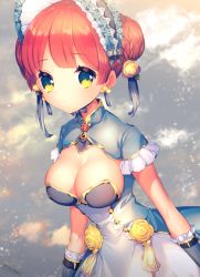 Rule 34 | 1girl, amenosaka nono, arms at sides, artist name, bad id, bad pixiv id, blush, bonnet, braid, breasts, cleavage, closed mouth, dress, earrings, flower, frilled sleeves, frills, hair flower, hair ornament, jewelry, large breasts, looking at viewer, original, red hair, short hair, short sleeves, signature, solo, sparkle, yellow eyes