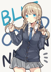 Rule 34 | 1girl, text background, bad id, bad pixiv id, blue cardigan, blue eyes, blue necktie, blush, braid, cardigan, closed mouth, collared shirt, cowboy shot, fingernails, grey background, grey skirt, hands up, holding, holding hair, kurata rine, light brown hair, long hair, looking at viewer, low twintails, necktie, original, pleated skirt, school uniform, shirt, sidelocks, skirt, solo, twin braids, twintails, white shirt