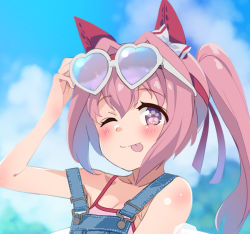 Rule 34 | 1girl, :p, animal ears, bare shoulders, blue background, blue overalls, blue sky, blush, bow, breasts, casual one-piece swimsuit, cleavage, cloud, cloudy sky, collarbone, commentary request, day, eyewear on head, hair between eyes, hair intakes, hair ribbon, haru urara (umamusume), heart, heart-shaped eyewear, highres, long hair, looking at viewer, one-piece swimsuit, one eye closed, outdoors, overalls, pink hair, pink one-piece swimsuit, ponytail, purple eyes, ribbon, saeki tatsuya, sky, smile, solo, sunglasses, swimsuit, tinted eyewear, tongue, tongue out, twintails, umamusume, white-framed eyewear, white bow