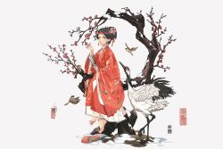 Rule 34 | 1girl, absurdres, anata no utahime (lzr13708949567), anklet, barefoot, bird, black hair, branch, chinese clothes, chinese text, crane (animal), duijin ruqun, floral print, flower, folding fan, full body, green eyes, hair flower, hair ornament, hand fan, hanfu, headband, highres, holding, holding fan, jewelry, long sleeves, plum blossoms, simple background, solo, standing, tree, white background, wide sleeves