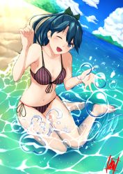 Rule 34 | 1girl, barefoot, beach, bikini, black bikini, blue eyes, blue hair, blue sky, breasts, cleavage, cloud, commentary request, day, dutch angle, front-tie bikini top, front-tie top, full body, hair between eyes, high ponytail, horizon, houshou (kancolle), kantai collection, looking at viewer, medium breasts, mountain, open mouth, outdoors, partially submerged, ponytail, side-tie bikini bottom, sky, smile, solo, splashing, striped bikini, striped clothes, swimsuit, tadokoro nurikabe, water