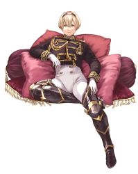 Rule 34 | 1boy, ai-wa, aiguillette, armored boots, black footwear, black jacket, blonde hair, boots, buttons, closed mouth, fire emblem, fire emblem fates, formal, full body, gloves, hairband, high-waist pants, jacket, leo (fire emblem), long sleeves, looking at viewer, male focus, medal, nintendo, pants, pants tucked in, pillow, simple background, sitting, smirk, solo, tassel, thigh boots, white background, white gloves, white pants