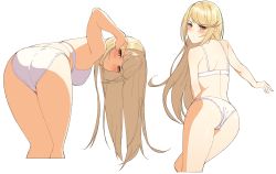 Rule 34 | 1girl, ass, bad id, bad pixiv id, bent over, blonde hair, blush, bra, breasts, from behind, goumudan, tucking hair, highres, large breasts, long hair, looking at viewer, looking back, multiple views, mythra (xenoblade), nintendo, panties, sidelocks, simple background, swept bangs, underwear, underwear only, v-shaped eyebrows, white background, white bra, white panties, xenoblade chronicles (series), xenoblade chronicles 2, yellow eyes
