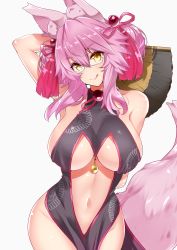 Rule 34 | 1girl, animal ear fluff, animal ears, arm behind head, bare shoulders, bell, black dress, blush, breasts, center opening, china dress, chinese clothes, closed mouth, commentary, dress, fang, fate/grand order, fate (series), folding fan, fox ears, fox girl, fox tail, glasses, gloves, hair between eyes, hand fan, highres, hip focus, jingle bell, koyanskaya (chinese lostbelt outfit) (fate), koyanskaya (fate), large breasts, licking lips, long hair, looking at viewer, navel, pink hair, sankakusui, shiny skin, sidelocks, simple background, smile, solo, tail, tamamo (fate), tassel, tongue, tongue out, underboob, white background, yellow eyes