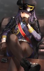 Rule 34 | 1girl, black gloves, black pantyhose, boots, breasts, cigarette, crossed legs, gloves, hair over one eye, hat, kfr, long hair, making-of available, military, military hat, military uniform, necktie, original, pantyhose, purple hair, reeds, sitting, skirt, solo, uniform