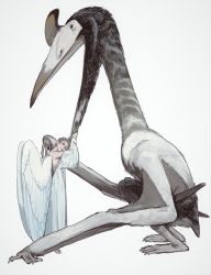 Rule 34 | 1other, androgynous, angel, angel wings, commentary, english commentary, engrish commentary, from side, grey eyes, grey hair, highres, long sleeves, looking at viewer, looking to the side, mossacannibalis, original, prehistoric animal, quetzalcoatlus, robe, simple background, white background, white robe, wings