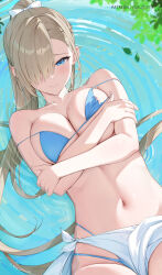 Rule 34 | 1girl, absurdres, afloat leaves, alternate costume, arms under breasts, asuna (blue archive), bare arms, bare legs, bare shoulders, bikini, blue archive, blue bikini, blue eyes, blush, breast hold, breasts, breasts squeezed together, closed mouth, double strap slip, from above, groin, hair over one eye, hands on own arms, highres, knees up, large breasts, leaf on liquid, light brown hair, long hair, lying, lying on water, mole, mole on breast, multi-strapped bikini bottom, navel, on back, one eye covered, partially submerged, ponytail, ripples, rosumerii, sarong, self hug, solo, stomach, swimsuit, very long hair, white sarong