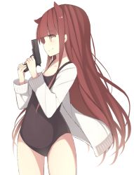 Rule 34 | 1girl, bad id, bad pixiv id, baibai08, brown eyes, brown hair, cardigan, collarbone, gun, long hair, one-piece swimsuit, original, school swimsuit, simple background, smile, solo, swimsuit, swimsuit under clothes, weapon, white background