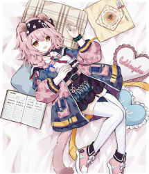 Rule 34 | 1girl, :d, animal ears, arknights, bed sheet, black jacket, black skirt, blue bow, book, bow, braid, breasts, brown eyes, cat ears, cat girl, cat tail, character name, commentary request, food, frilled pillow, frills, fruit, garter straps, goldenglow (arknights), hair between eyes, hair bow, hair over shoulder, hand up, heart, heart-shaped pillow, high-waist skirt, highres, jacket, lightning bolt print, long hair, long sleeves, looking at viewer, lying, on back, open book, open clothes, open jacket, open mouth, pancake, pillow, pink footwear, pink hair, plate, puffy long sleeves, puffy sleeves, riinougat, scissors, shirt, shoes, single braid, skirt, small breasts, smile, solo, spoon, strawberry, tail, thighhighs, white shirt, white thighhighs