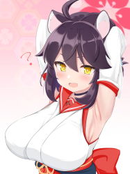 Rule 34 | 1girl, ?, ahoge, animal ears, armpits, arms behind head, arms up, black hair, blue archive, blush, breasts, brown hair, choker, detached sleeves, fang, halo, highres, japanese clothes, kaede (blue archive), large breasts, medium hair, miko, nontraditional miko, obi, open mouth, oppai loli, pink background, sailor collar, sash, skin fang, solo, togutogu, upper body, yellow eyes