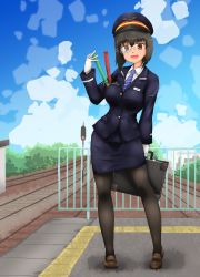 Rule 34 | 1girl, absurdres, black hair, black pantyhose, blazer, blue hat, blue jacket, blue necktie, blue skirt, blue sky, bob cut, briefcase, brown eyes, brown footwear, character name, cloud, cloudy sky, commentary request, day, diagonal-striped clothes, diagonal-striped necktie, diagonal-striped neckwear, dress shirt, english text, formal, girls und panzer, gloves, grey-framed eyewear, hat, heel up, highres, holding, holding briefcase, insignia, jacket, kawashima momo, loafers, long sleeves, looking at viewer, miniskirt, monocle, name tag, necktie, open mouth, outdoors, pantyhose, partial commentary, peaked cap, pencil skirt, railing, railroad signal, railroad tracks, semi-rimless eyewear, shirt, shoes, short hair, skirt, skirt suit, sky, smile, solo, standing, striped clothes, striped necktie, striped neckwear, suit, tight skirt, train conductor, train station platform, translated, twitter username, under-rim eyewear, white gloves, white shirt, wing collar, zetto-plus