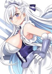 Rule 34 | 1girl, absurdres, apron, armpits, azur lane, belfast (azur lane), braid, breasts, broken, broken chain, chain, cleavage, french braid, frilled apron, frilled gloves, frills, gloves, highres, large breasts, long hair, looking at viewer, low neckline, maid, maid apron, maid headdress, maroonabyss, purple eyes, smile, solo, white gloves, white hair