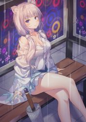 Rule 34 | 1girl, absurdres, alternate costume, animal ear fluff, animal ears, azur lane, bare shoulders, bench, blue skirt, blue umbrella, blunt bangs, blush, breasts, bus stop, cat ears, cleavage, closed mouth, closed umbrella, commentary request, crossed legs, feet out of frame, fingernails, highres, huge filesize, hyonee, illustrious (azur lane), japanese clothes, kemonomimi mode, kimono, large breasts, long hair, long sleeves, off shoulder, oil-paper umbrella, on bench, purple eyes, rain, revision, silver hair, single hair intake, sitting, skirt, sleeves past wrists, smile, solo, umbrella, very long hair, white kimono, wide sleeves