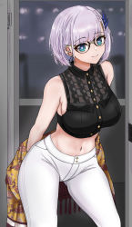 Rule 34 | 1girl, absurdres, aidoruhakase, armpit crease, black-framed eyewear, blue eyes, casual, crop top, ear piercing, glasses, grey hair, hair ornament, hairclip, highres, hololive, hololive indonesia, midriff, navel, official alternate costume, official alternate hairstyle, pants, pavolia reine, piercing, shawl, shirt, short hair, sleeveless, sleeveless shirt, smile, solo, virtual youtuber