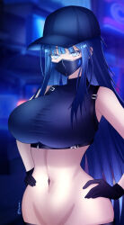 Rule 34 | 1girl, baseball cap, blue archive, blue eyes, blue hair, breasts, crop top, face mask, gloves, hat, large breasts, mask, midriff, saori (blue archive)