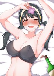 Rule 34 | 1girl, ahoge, alcohol, armpits, black hair, blush, bottle, breasts, condom, drunk, earrings, headband, highres, holding, holding condom, jewelry, kan (afterrain1412), large breasts, long hair, lying, midriff, nose blush, on back, open mouth, red eyes, single earring, smile, solo, spy x family, stomach, thai commentary, underwear, upper body, wine bottle, yor briar