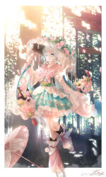Rule 34 | 1girl, absurdres, ajirogasa, beckoning, black socks, blue dress, blue eyes, border, chinese commentary, closed mouth, commentary request, dappled sunlight, day, dress, floral print, flower, forest, frilled dress, frilled sleeves, frills, full body, gradient sleeves, hand up, hat, hat flower, highres, jiangpigeon, kneehighs, lace shawl, lens flare, light blush, lipstick, long sleeves, looking at viewer, makeup, miracle nikki, nature, neckerchief, offering hand, oil-paper umbrella, one eye closed, outdoors, outside border, palms, pink flower, pink footwear, pink leg warmers, pink lips, pink neckerchief, pink shawl, pink umbrella, pleated skirt, pom pom (clothes), shadow, shawl, shoes, short dress, short hair, signature, skirt, smile, socks, solo, striped sleeves, sunlight, tassel, umbrella, weibo watermark, white border, white hair, white sleeves, wide sleeves