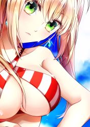Rule 34 | 10s, 1girl, bare arms, bare shoulders, bikini, blonde hair, blue sky, breast hold, breasts, cleavage, close-up, closed mouth, cloud, cloudy sky, collarbone, commentary request, criss-cross halter, day, earrings, eyelashes, fate/extra, fate/grand order, fate (series), glint, green eyes, hair between eyes, hair intakes, halterneck, jewelry, large breasts, long hair, looking at viewer, nero claudius (fate), nero claudius (fate) (all), nero claudius (swimsuit caster) (fate), outdoors, pink lips, sayvi, sidelocks, sky, solo, strap gap, striped bikini, striped clothes, swimsuit, twintails, underboob, upper body, wet, wet hair
