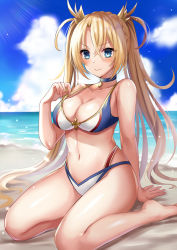 Rule 34 | 1girl, arm support, bad id, bad pixiv id, bare shoulders, beach, bikini, bikini tug, blonde hair, blue eyes, blue sky, blush, bradamante (fate), braid, breasts, choker, cleavage, closed mouth, cloud, collarbone, day, fate/grand order, fate (series), french braid, hair between eyes, harimoji, large breasts, long hair, looking at viewer, multicolored bikini, multicolored clothes, ocean, outdoors, sand, sidelocks, sitting, sky, smile, solo, swimsuit, thighs, twintails, very long hair, wariza