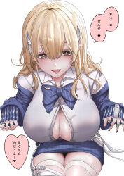 Rule 34 | :d, belt pouch, blonde hair, blue bow, blue bowtie, blue jacket, blush, bowtie, breasts, brown eyes, claw ring, cleavage, collared shirt, goddess of victory: nikke, hair ornament, jacket, jijijiji195033, large breasts, long hair, looking at viewer, mole, mole under eye, multiple rings, off-shoulder jacket, off shoulder, open mouth, partially unbuttoned, pencil skirt, pouch, puffy sleeves, ring, shirt, skirt, sleeves past wrists, smile, tia (nikke), white shirt
