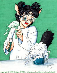 Rule 34 | 00s, 1girl, 2002, animal ears, beaker, bewildered, black hair, blue eyes, cat ears, cat girl, cat tail, fangs, hair bobbles, hair ornament, holding, jacket, long sleeves, open mouth, safety glasses, scientist, short hair, surprised, tail, teeth, test tube, traditional media, twintails, upper body, white jacket