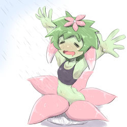 Rule 34 | 1girl, = =, arms up, bad id, bad pixiv id, bare arms, bare shoulders, black tank top, blush, closed eyes, collarbone, colored skin, crop top, drooling, flower, green hair, green skin, hair flower, hair ornament, monster girl, mouth drool, navel, nose blush, open mouth, original, pink flower, plant girl, rain, solo, tank top, thick eyebrows, u-non (annon&#039;an), water