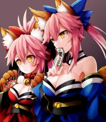 Rule 34 | 10s, 2girls, animal ear fluff, animal ears, animal hands, bare shoulders, bell, blue kimono, blue ribbon, blush stickers, breasts, cat paws, cleavage, collar, collarbone, detached sleeves, dual persona, fate/extra, fate/grand order, fate (series), fox ears, fox girl, fox tail, gloves, hair ribbon, highres, japanese clothes, jingle bell, kimono, large breasts, long hair, multiple girls, neck bell, paw gloves, pink hair, ponytail, red ribbon, ribbon, saku akiya, smile, tail, tamamo (fate), tamamo cat (fate), tamamo cat (first ascension) (fate), tamamo no mae (fate/extra), yellow eyes