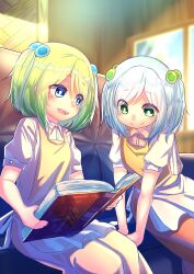 Rule 34 | 2girls, absurdres, apron, blue eyes, blue hair, blush, book, closed mouth, couch, eyebrows hidden by hair, falfa (slime taoshite 300 nen), green eyes, green hair, hair between eyes, hair bobbles, hair ornament, highres, holding, holding book, looking at another, looking at object, mepphy01, multiple girls, on couch, open book, open mouth, reading, shalsha (slime taoshite 300 nen), shirt, short hair, short twintails, siblings, sisters, sitting, slime taoshite 300 nen shiranai uchi ni level max ni nattemashita, smile, twintails, white shirt, window shadow, yellow apron