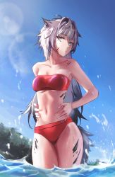 Rule 34 | 1girl, absurdres, animal ears, arknights, bandeau, bare shoulders, bikini, blue sky, commentary, day, facial scar, grey eyes, grey hair, highres, lappland (arknights), lens flare, long hair, looking at viewer, material growth, messy hair, navel, oripathy lesion (arknights), red bikini, scar, scar on cheek, scar on face, sky, solo, standing, stomach, strapless, strapless bikini, swimsuit, tflop (tea flop), thighs, tube top, very long hair, wading, water, wolf ears