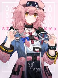 Rule 34 | 1girl, animal ears, arknights, black hairband, black skirt, blue sealad, blush, bracelet, braid, cat ears, closed mouth, coat, collar, crying, crying with eyes open, goldenglow (arknights), hair between eyes, hairband, high-waist skirt, highres, holding, holding scissors, id card, infection monitor (arknights), jewelry, lightning bolt print, long hair, long sleeves, looking at viewer, open clothes, open coat, patterned background, pink background, pink hair, scissors, shirt, side braid, skirt, solo, tears, white shirt, yellow eyes