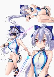Rule 34 | 1girl, absurdres, blue bow, blue one-piece swimsuit, bow, breasts, competition swimsuit, fate/grand order, fate (series), hair between eyes, hair bow, hane yuki, head-mounted display, headset, highleg, highleg swimsuit, highres, large breasts, long hair, looking at viewer, multiple views, one-piece swimsuit, pink-tinted eyewear, ponytail, red eyes, silver hair, swimsuit, thighs, tinted eyewear, tomoe gozen (fate), tomoe gozen (swimsuit saber) (fate), tomoe gozen (swimsuit saber) (first ascension) (fate), two-tone swimsuit, visor, vr visor, white one-piece swimsuit