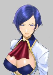 Rule 34 | 1girl, anagumasan, ascot, blue eyes, blue hair, breasts, cleavage, cleavage cutout, closed mouth, clothing cutout, elisabeth blanctorche, grey background, highres, jacket, large breasts, long sleeves, looking at viewer, short hair, simple background, snk, solo, swept bangs, the king of fighters, upper body, white jacket